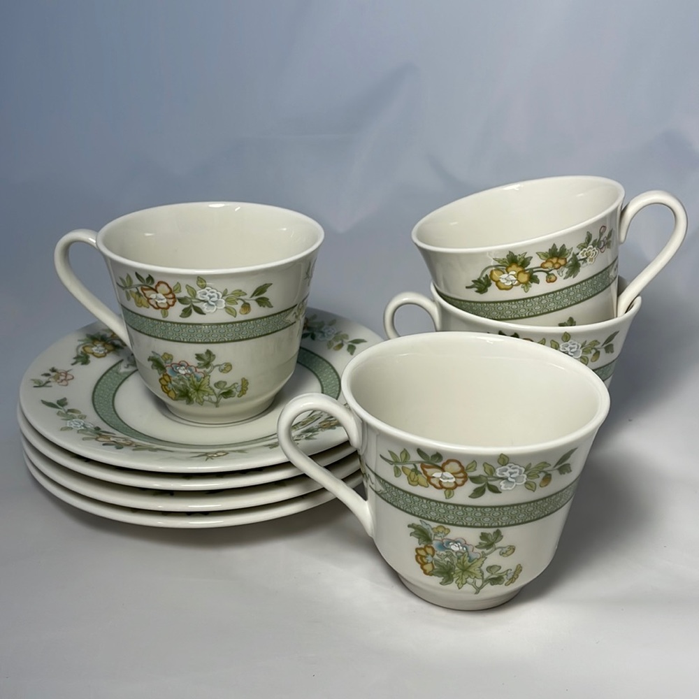 Royal Doulton Tonkin TC1107 Cup & Saucer Set of 4 England Green Floral Vintage